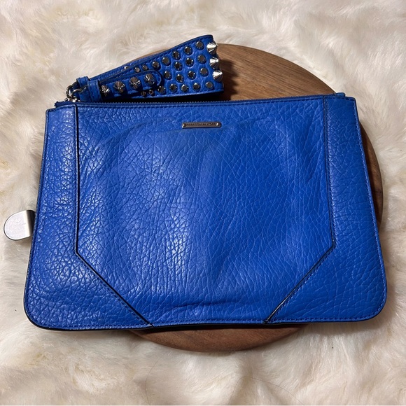 Rebecca Minkoff Blue Jax Pebbled Leather Clutch with Studded Wristlet - Picture 1 of 11